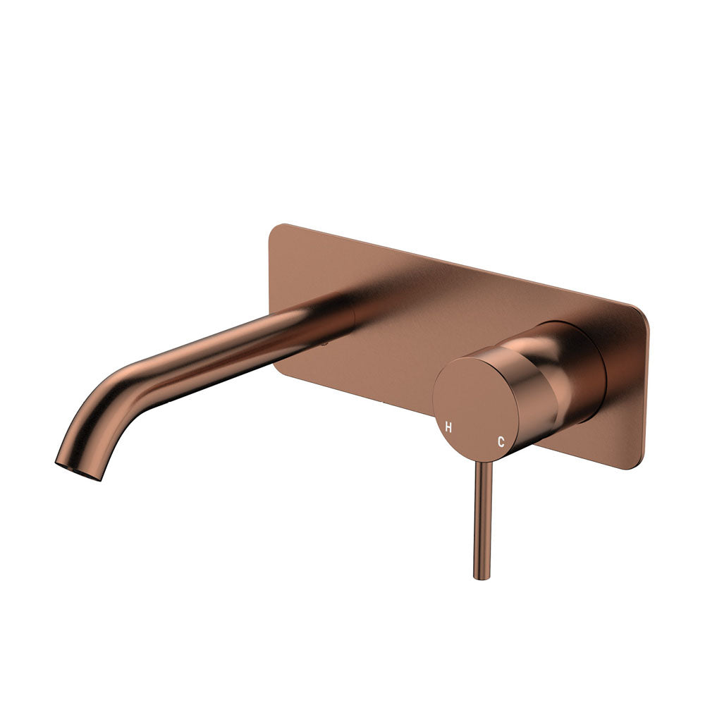Fienza Kaya Basin/Bath Wall Mixer Set, Rectangular Plate, 160mm Outlet, Brushed Copper