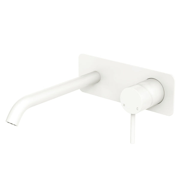Fienza Kaya Basin/Bath Wall Mixer Set, Rectangular Plate, 200mm Outlet, Matte White