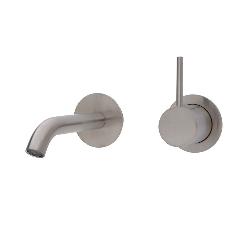 Fienza KAYA UP Wall Basin Bath Mixer Set Brushed Nickel Round Plates 200mm Outlet