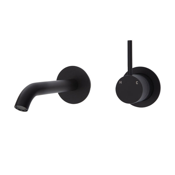 Fienza KAYA UP Wall Basin Bath Mixer Set Matte Black Round Plates 160mm Outlet