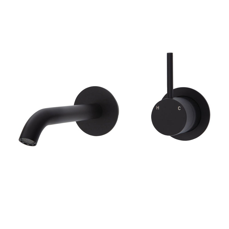 Fienza KAYA UP Wall Basin Bath Mixer Set Matte Black Round Plates 160mm Outlet