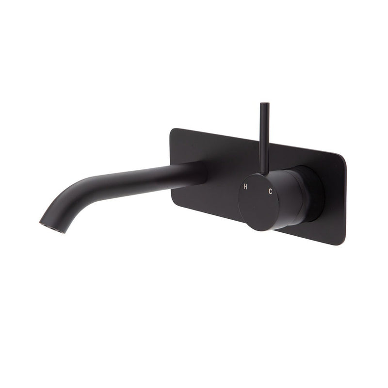 Fienza KAYA UP Wall Basin Bath Mixer Set Matte Black Square Plate 160mm Outlet