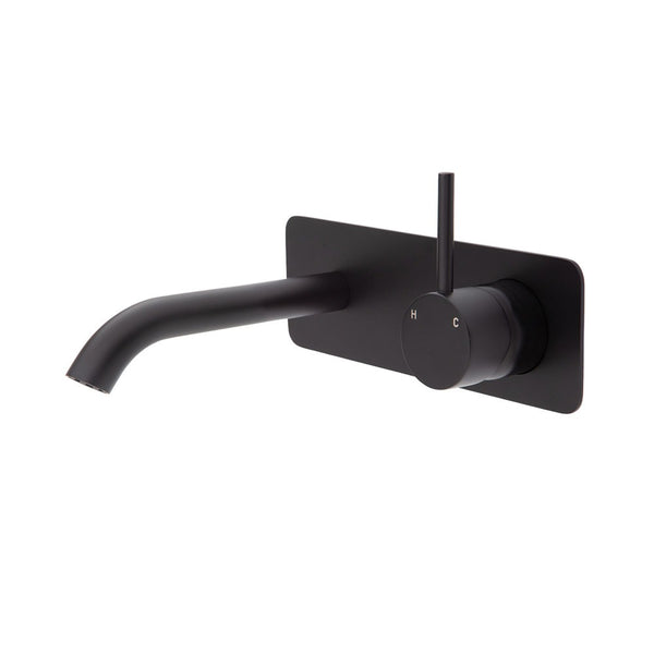 Fienza KAYA UP Wall Basin Bath Mixer Set Matte Black Square Plate 200mm Outlet