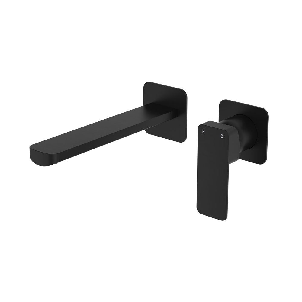 Fienza Tono Basin/Bath Wall Mixer Set Small Square Plates 200mm Outlet Matte Black
