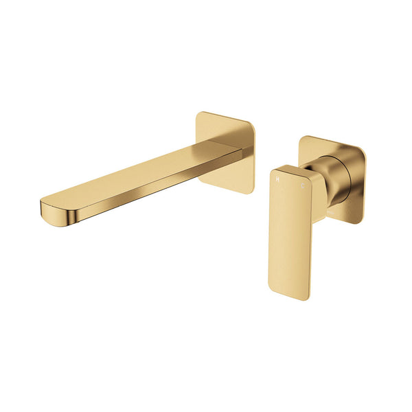 Fienza Tono Basin/Bath Wall Mixer Set Small Square Plates 200mm Outlet Urban Brass