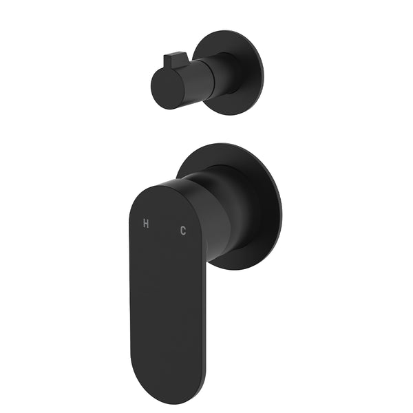 Fienza Empire Slim Wall Diverter Mixer, Small Round Plates, Vertical, Matte Black
