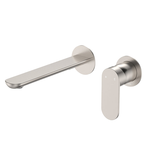 Fienza Empire Slim Basin/Bath Wall Mixer Set, Round Plates, 200mm Outlet Brushed Nickel