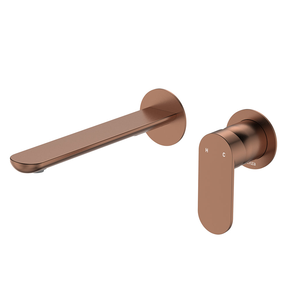 Fienza Empire Slim Basin/Bath Wall Mixer Set, Round Plates, 200mm Outlet Brushed Copper