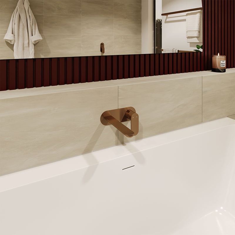 Fienza Empire Slim Basin/Bath Wall Mixer Set, Round Plates, 160mm Outlet Brushed Copper