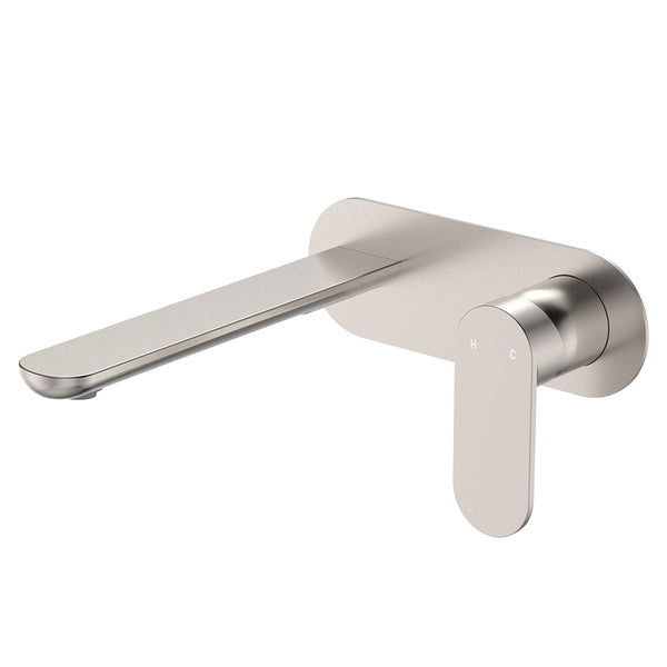 Fienza Empire Slim Basin/Bath Wall Mixer Set, Oval Plate, 200mm Outlet Brushed Nickel