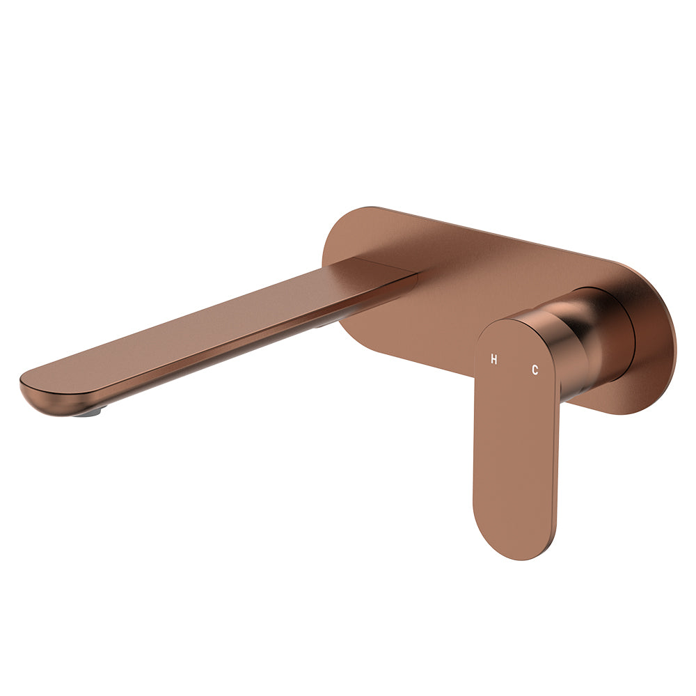 Fienza Empire Slim Basin/Bath Wall Mixer Set, Oval Plate, 200mm Outlet Brushed Copper