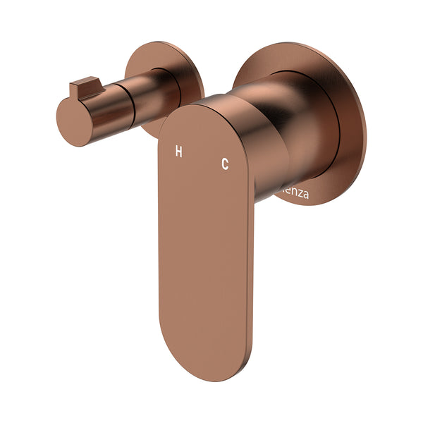Fienza Empire Slim Wall Diverter Mixer, Small Round Plates, Horizontal Brushed Copper