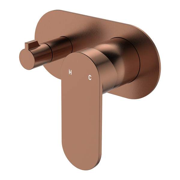 Fienza Empire Slim Wall Diverter Mixer, Large Oval Plate, Horizontal Brushed Copper