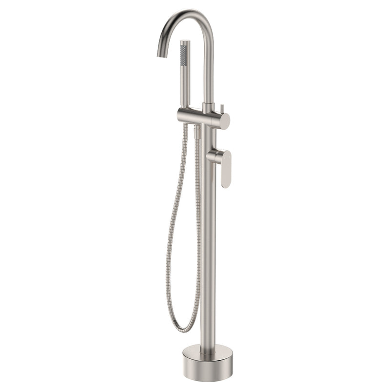 Fienza Empire Slim Floor Mounted Bath Mixer with Hand Shower Brushed Nickel