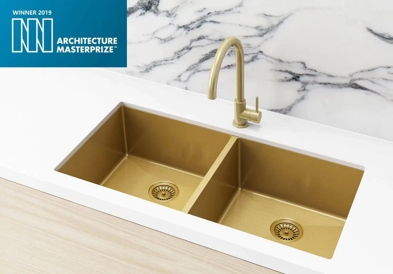 Meir Double Bowl PVD Kitchen Sink 860mm - Brushed Bronze Gold