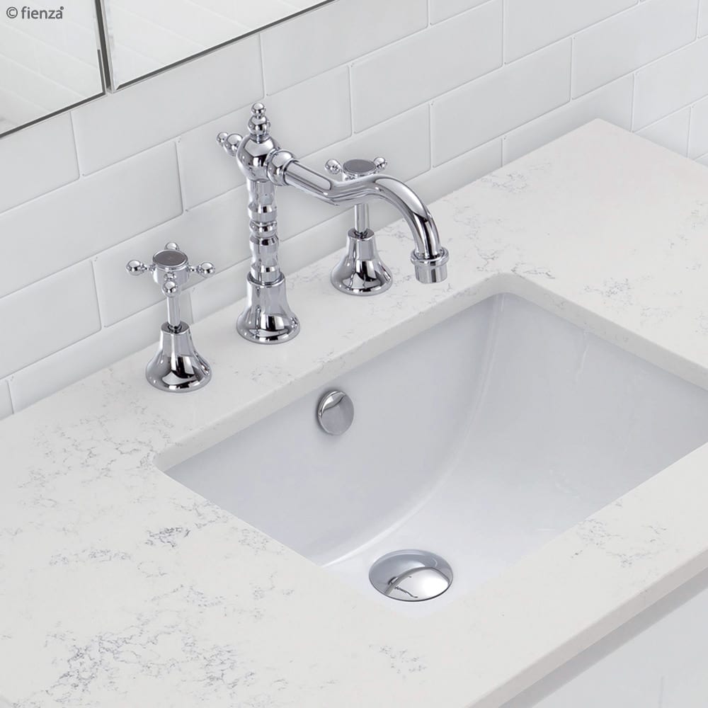 Fienza Lillian chrome three-piece basin tap set installed above a basin