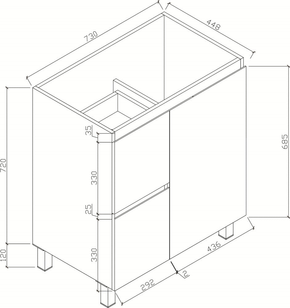 Diagram - Bianca 750mm Square Vanity on Legs with Ceramic Basin – Left Drawers
