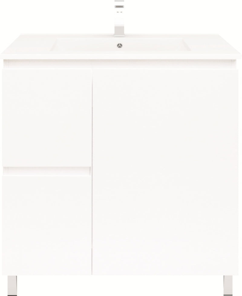 Bianca 750mm Square Vanity on Legs with Ceramic Basin – Left Drawers