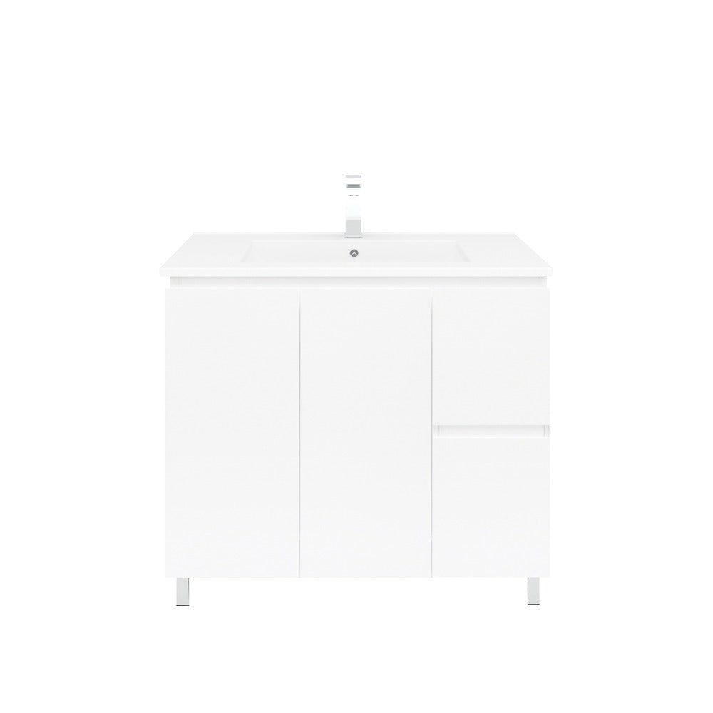 Bianca 900mm Square Vanity on Legs with Ceramic Basin - Left Drawers