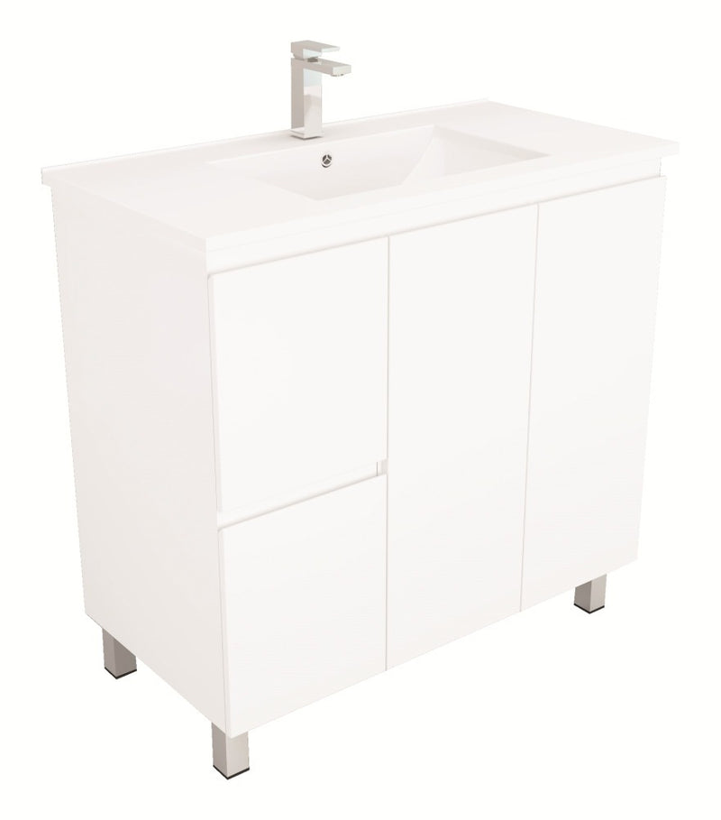 Bianca 900mm Square Vanity on Legs with Ceramic Basin - Left Drawers