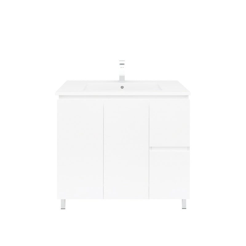 Bianca 900mm Square Vanity on Legs with Ceramic Basin - Right Drawers
