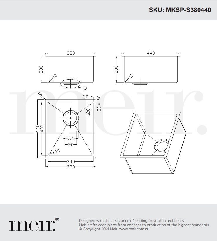 Meir Single Bowl PVD Kitchen Sink 380mm x 440mm - Gunmetal Black