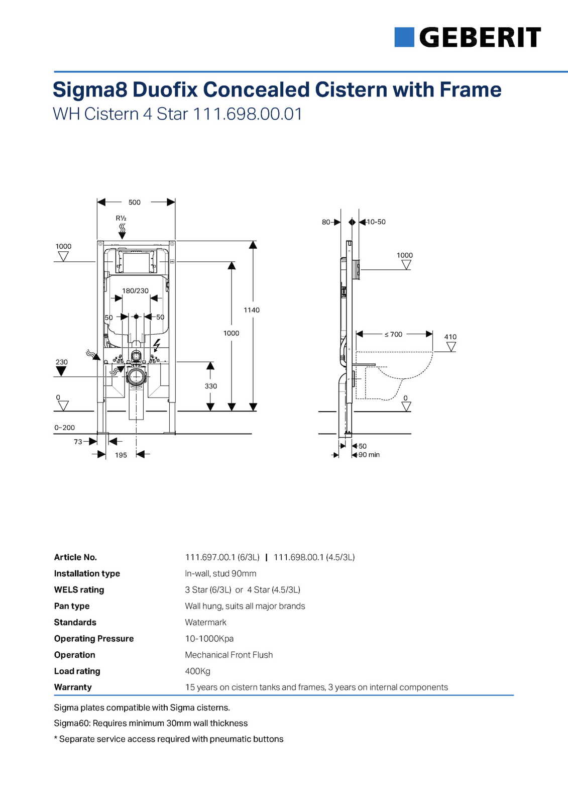 Geberit Zara 66 Round Wall Hung Rimless Toilet Suite -Choice of Button