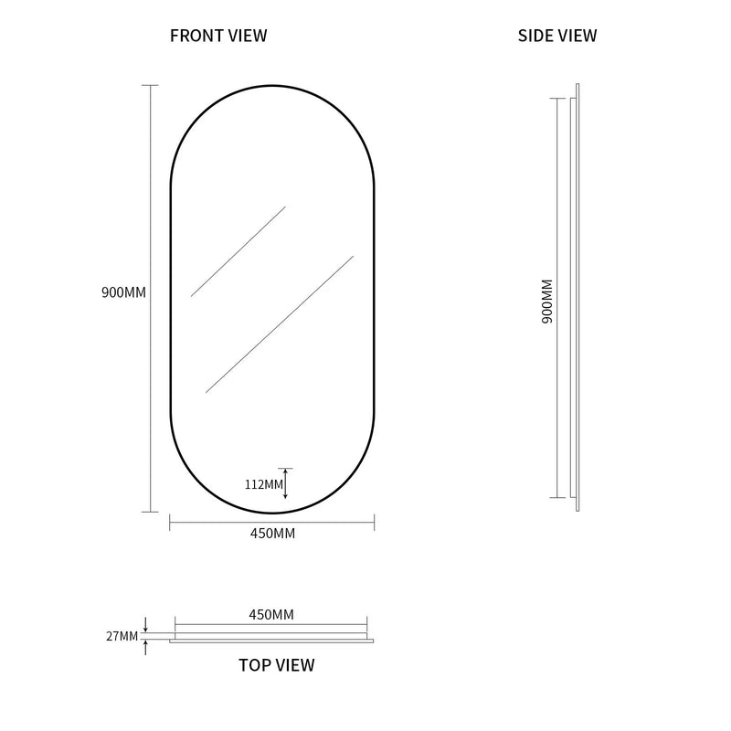 Ovia Eclipse Frameless 450x900mm Pill Oval Touchless LED Mirror Tri-Color Lighting