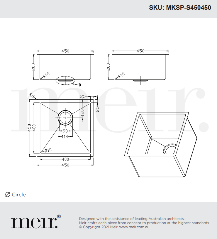 Meir Single Bowl PVD Kitchen Sink 450mm x 450mm - Gunmetal Black