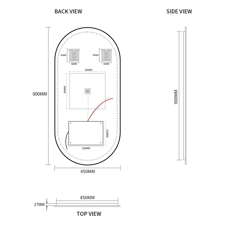 Ovia Eclipse Frameless 450x900mm Pill Oval Touchless LED Mirror Tri-Color Lighting