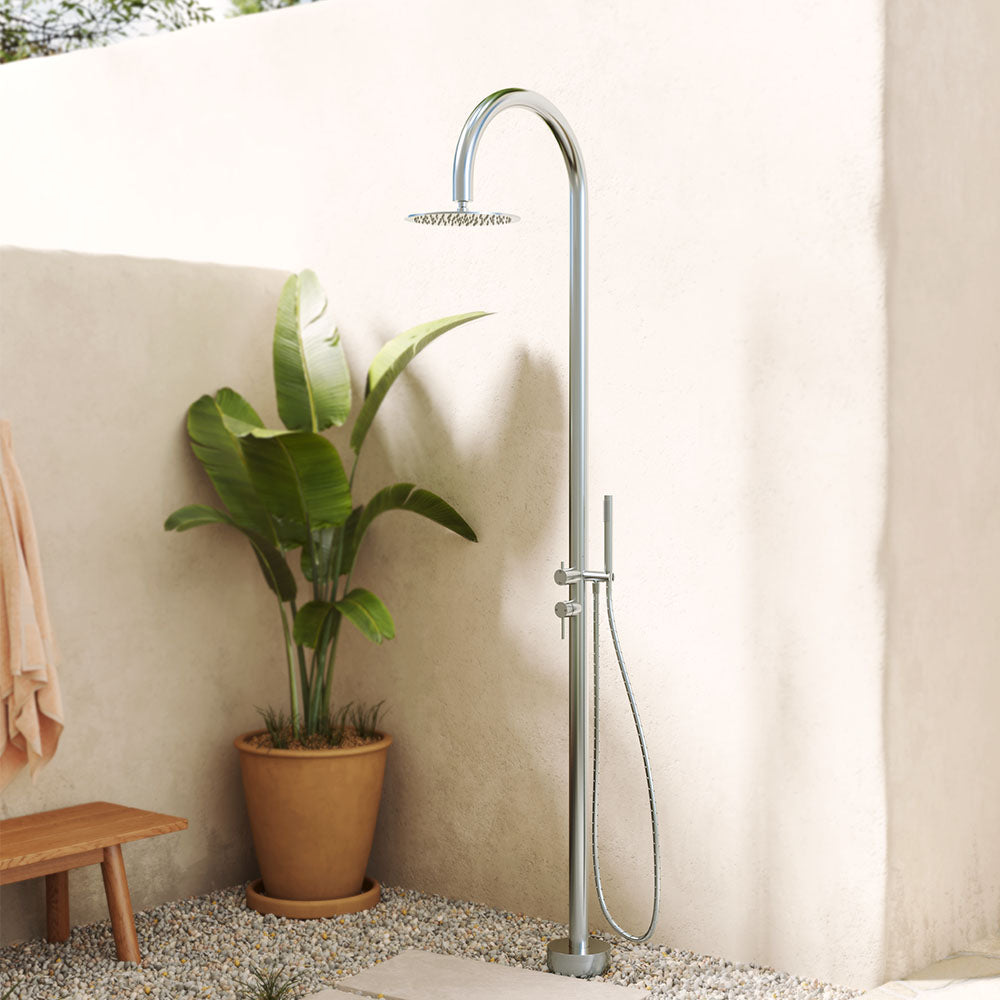 Fienza Kaya Outdoor Living Floor Mounted Twin Shower, Brushed Stainless Steel