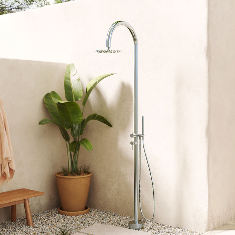 Fienza Kaya Outdoor Living Floor Mounted Twin Shower, Brushed Stainless Steel