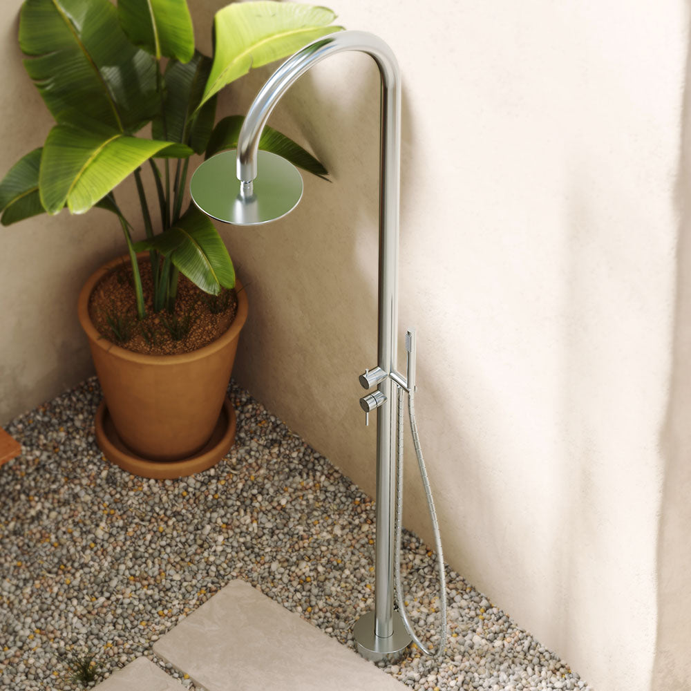 Fienza Kaya Outdoor Living Floor Mounted Twin Shower, Brushed Stainless Steel
