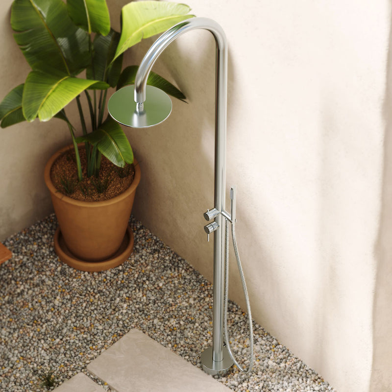 Fienza Kaya Outdoor Living Floor Mounted Twin Shower, Brushed Stainless Steel