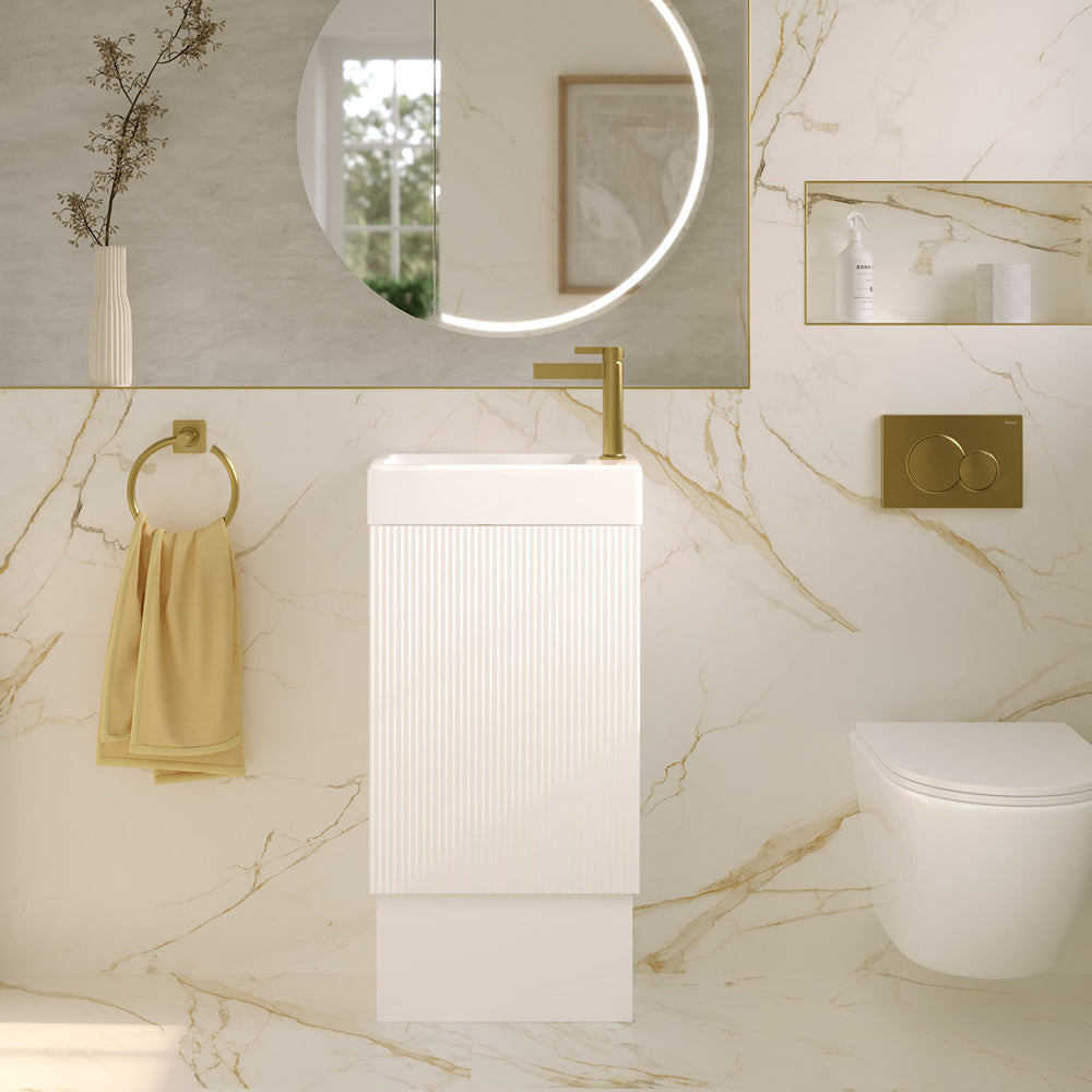 Fienza Minka 450 Vanity on kickboard with Overflow, Satin White