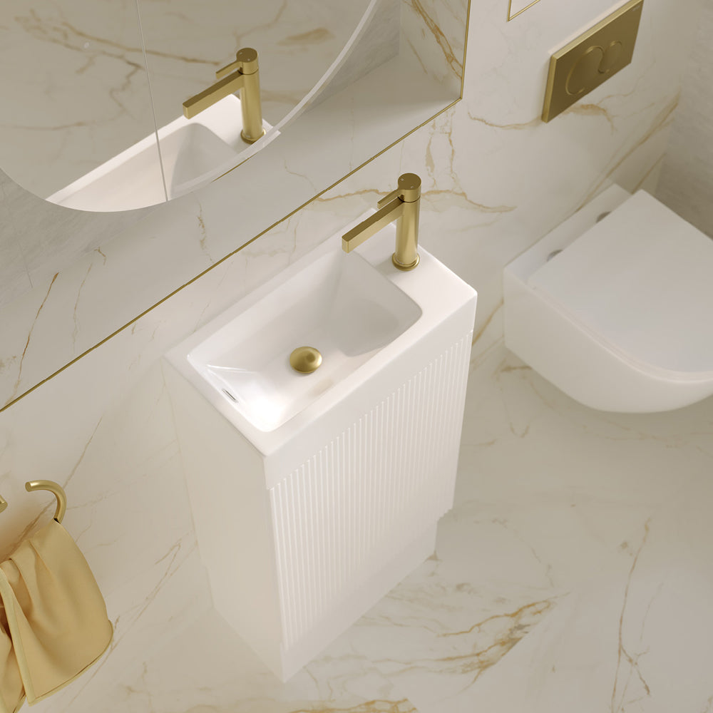 Fienza Minka 450 Vanity on kickboard with Overflow, Satin White