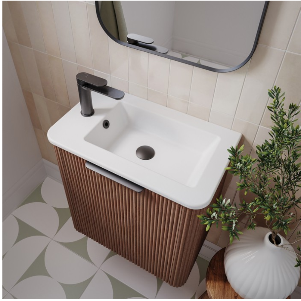 Fienza Minka Mini 550 Wall-Hung Vanity, Left Hand Tap, Walnut