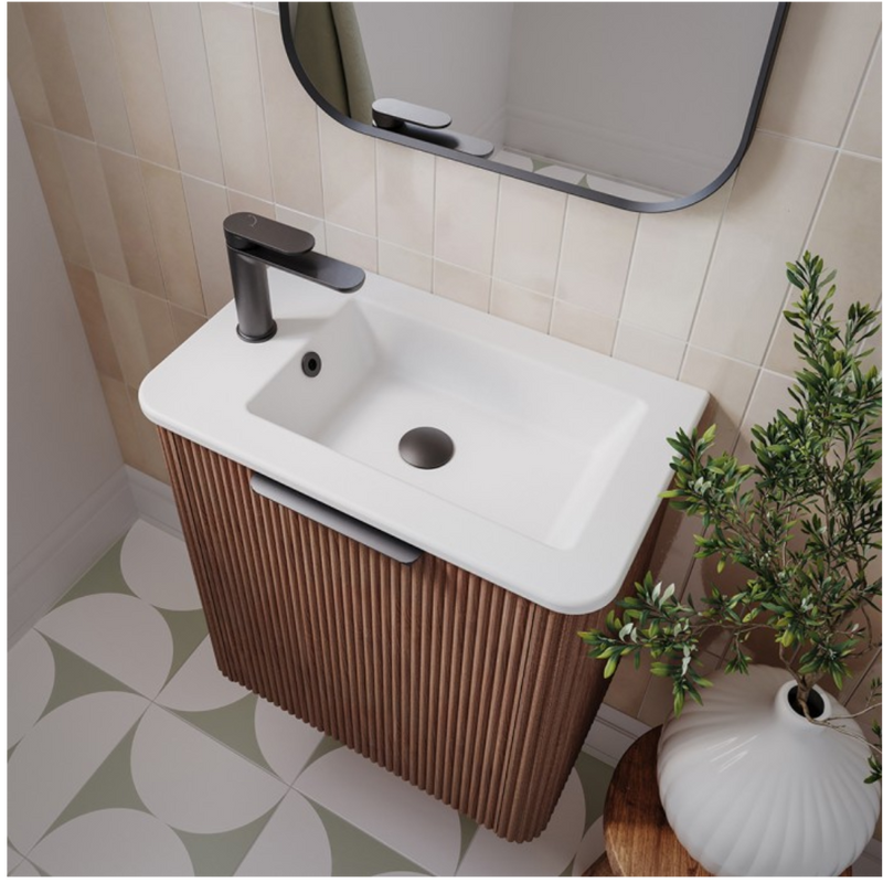 Fienza Minka Mini 550 Wall-Hung Vanity, Left Hand Tap, Walnut