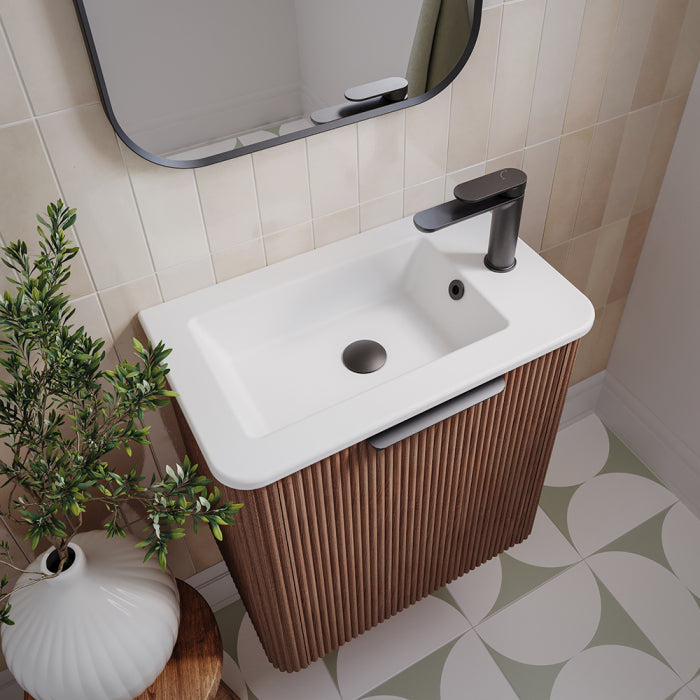 Fienza Minka Mini 550 Wall-Hung Vanity, Right Hand Tap, Walnut