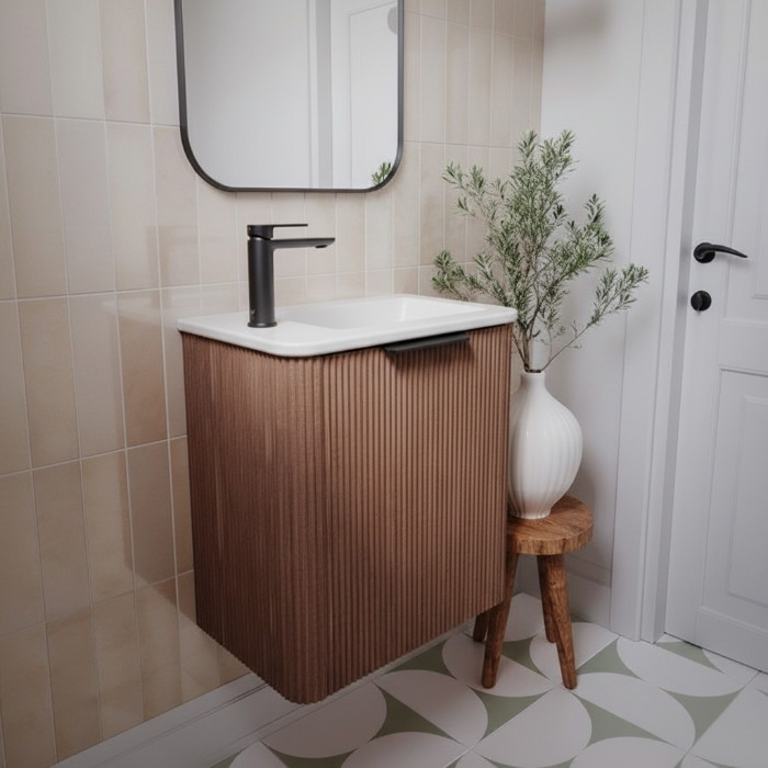 Fienza Minka Mini 550 Wall-Hung Vanity, Left Hand Tap, Walnut