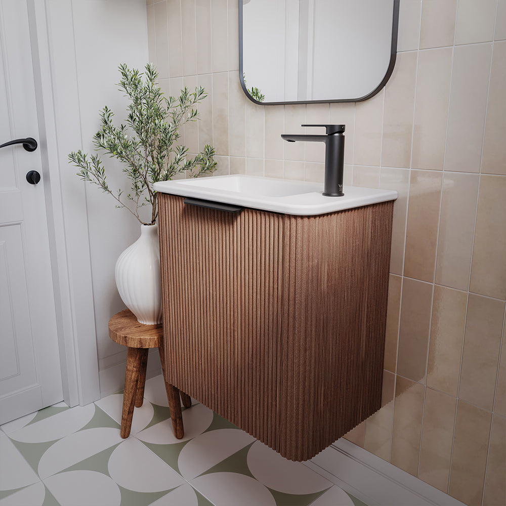 Fienza Minka Mini 550 Wall-Hung Vanity, Right Hand Tap, Walnut