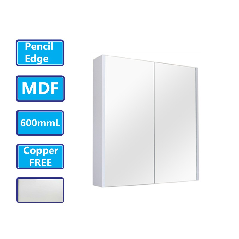 600Lx720Hx150Dmm Matt White PVC Filmed Shaving Cabinet w. Mirror Wall Hung