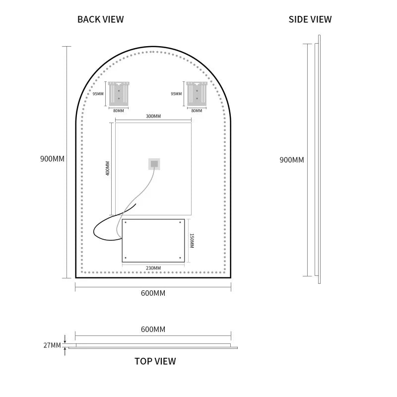 Ovia Arc Frameless 600x900mm Arched Touchless LED Mirror Tri-Color Lighting
