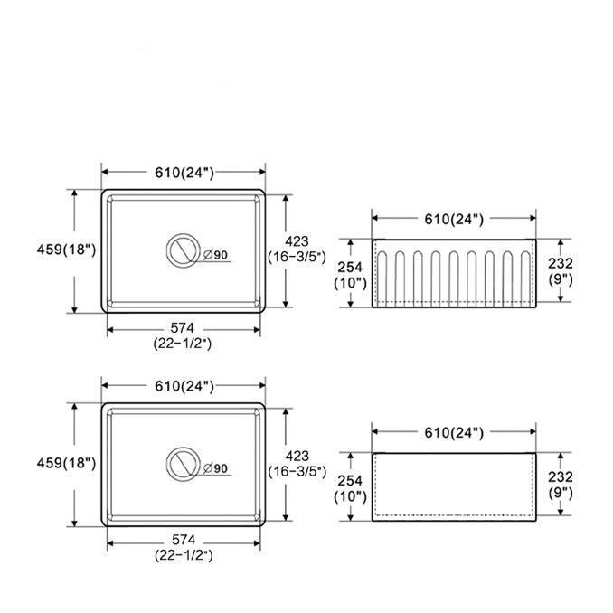 Ovia 610x459x254mm Fine Fireclay Butler Sink Single Bowl Farmhouse Kitchen Sink Matte Black