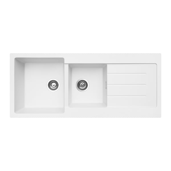 Fienza Kuro Granite 29L/19L Double Kitchen Sink with Drainer, Matte White