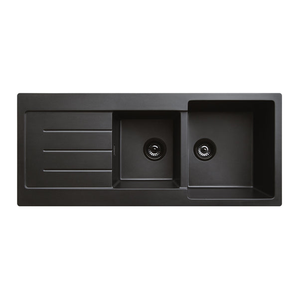 Fienza Kuro Granite 29L/19L Double Kitchen Sink with Drainer, Matte Black