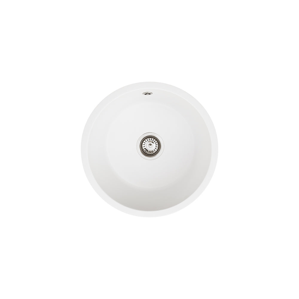 Fienza Kuro Granite 460mm Round Single Bowl Kitchen Sink, Matte White 25L