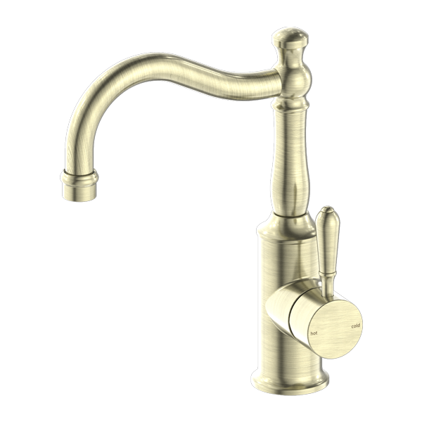 York Basin Mixer Hook Spout With Metal Lever Aged Brass