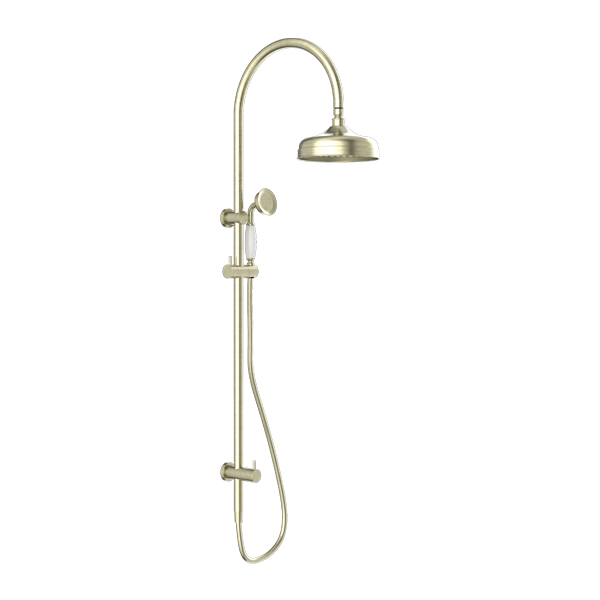 York Federation Twin Shower With White Porcelain Hand Shower Aged Brass