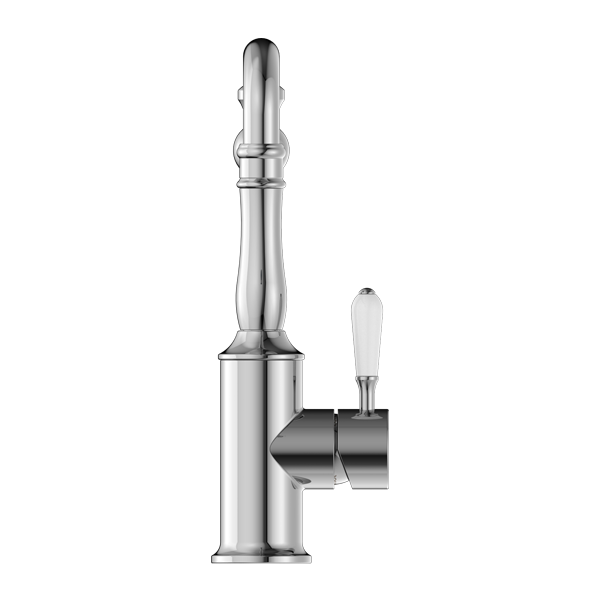 Nero York Kitchen Mixer Hook Spout With White Porcelain Lever Chrome